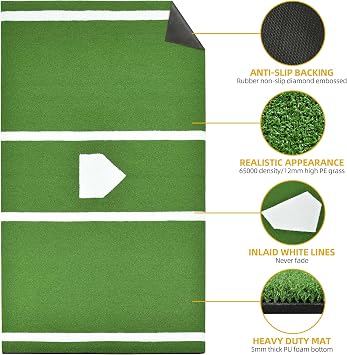 Shopsource Baseball Softball Training Mat with Home Plate Batters Box - Upgraded Anti-Slip Mat with Stitched Embroidery Turf for Indoor Outdoor