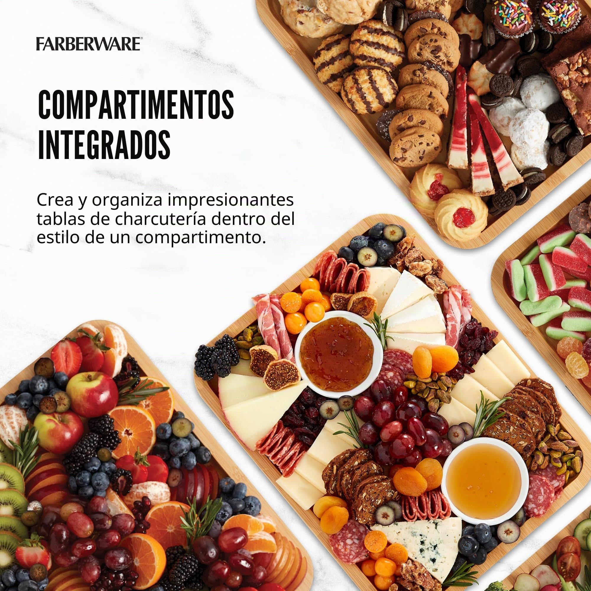FARBERWARE Build-A-Board - Tabla de cortar de bambú con tapa de bloqueo transparente y asas negras, perfecta para embutidos, aperitivos y más - Hazlo. Llévala. Disfrútala, 11 x 14 pulgadas,