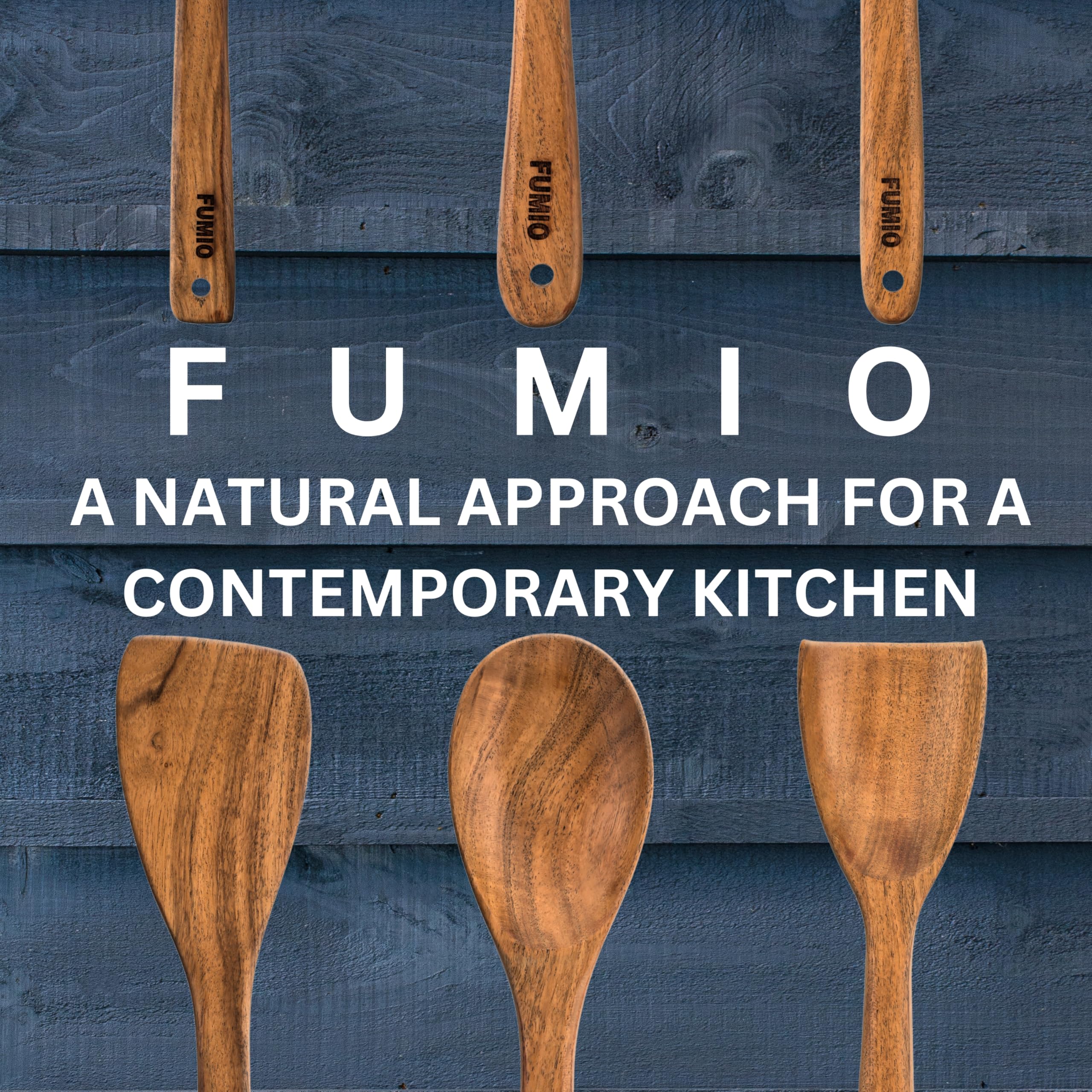 FUMIO Juego de 3 cucharas y espátulas de madera de acacia, utensilios de cocina de madera natural de alta calidad para cocinar, remover y servir, y diseño resistente al calor, hecho a mano
