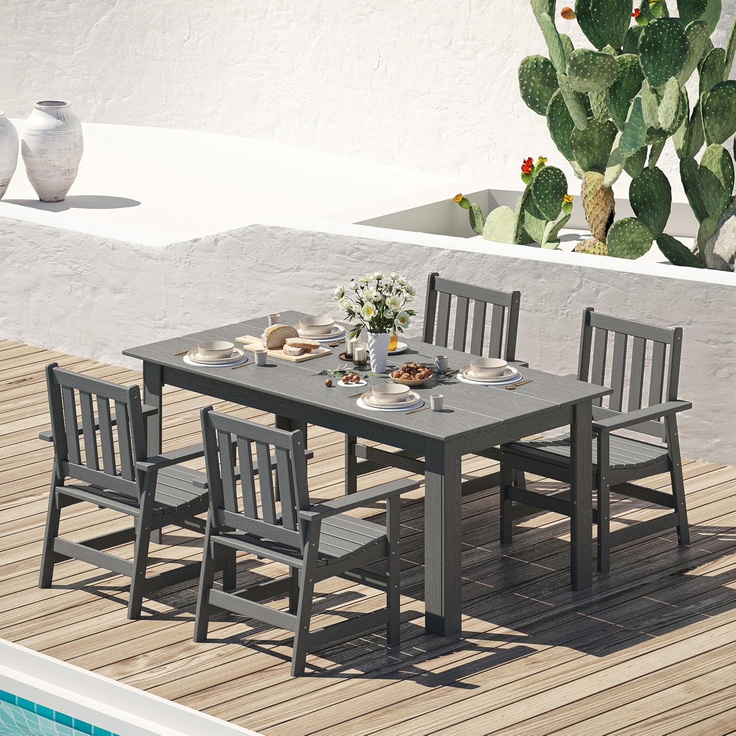 VICLLAX 5 Pieces Patio Dining Set for 4, All Weather HDPE 67" Rectangle Patio Table with 2" Umbrella Hole and 4 Outdoor Dining Chairs for Lawn Garden, Gray Outdoor Dining Set