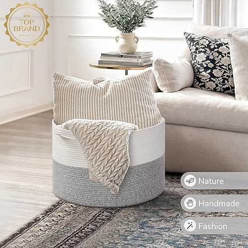 Vista 204 de INDRESSME - Canasta extragrande para ropa sucia de cuerda de algodón, cesta tejida decorativa con asas para guardería y sala, contenedor para Gris
