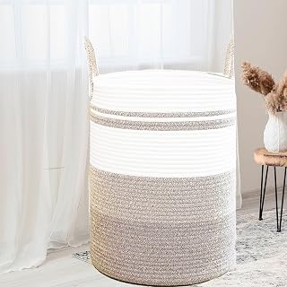 Laundry Hamper Cotton Rope laundry Basket, Large 72L Woven Clothes Hamper, Collapsible tall Laundry Basket with Handles, Nursery Hamper, 16 * 22 Inches Storage Organizer Basket (White& Brown)