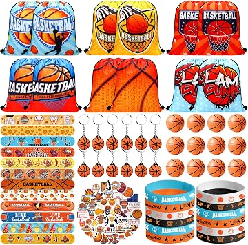 Basketball Party Favors - Includes 12PCS Drawstring Bags, Keychains, Slap Bracelets, Mini Basketball, Rubber Bracelets, Stickers for Basketball Birthday Party Decorations Supplies