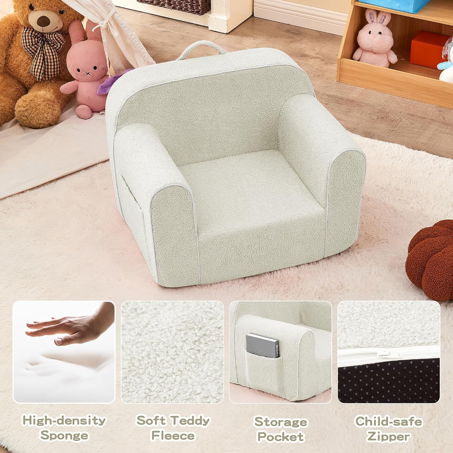 DAICO Soft Kids Bean Bag Chair with Armrests, Comfy Toddler Foam Sofa Chair for Boys and Girls, Toddler Play Couch for Reading Nook & Playing, Cream, Small