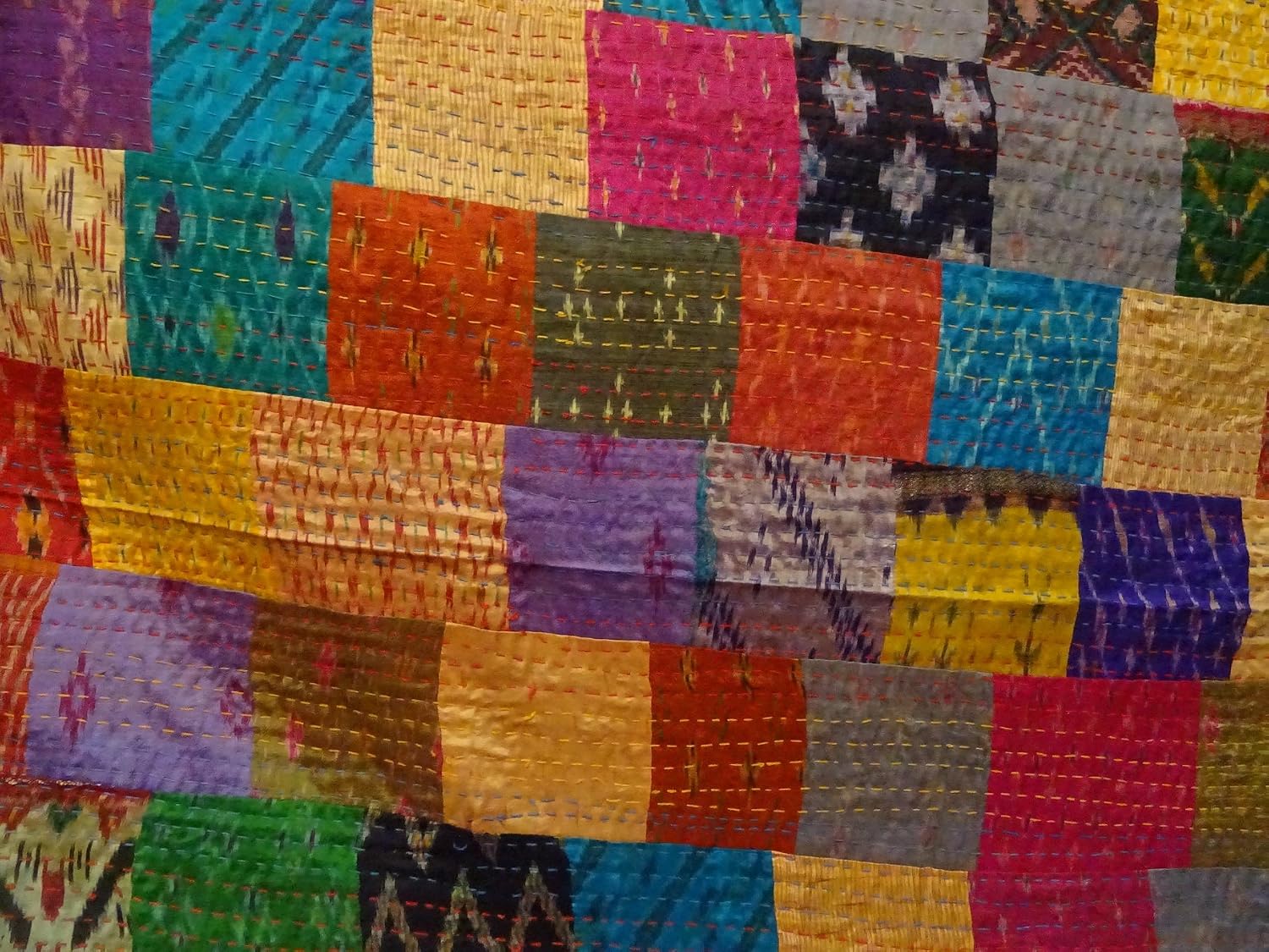 Sophia-Art Patola Silk Patch Work Kantha Quilt, Kantha Blanket Bedspread, Patch Throw, King, Rallies Indian Sari Quilt, Size 90" X 108