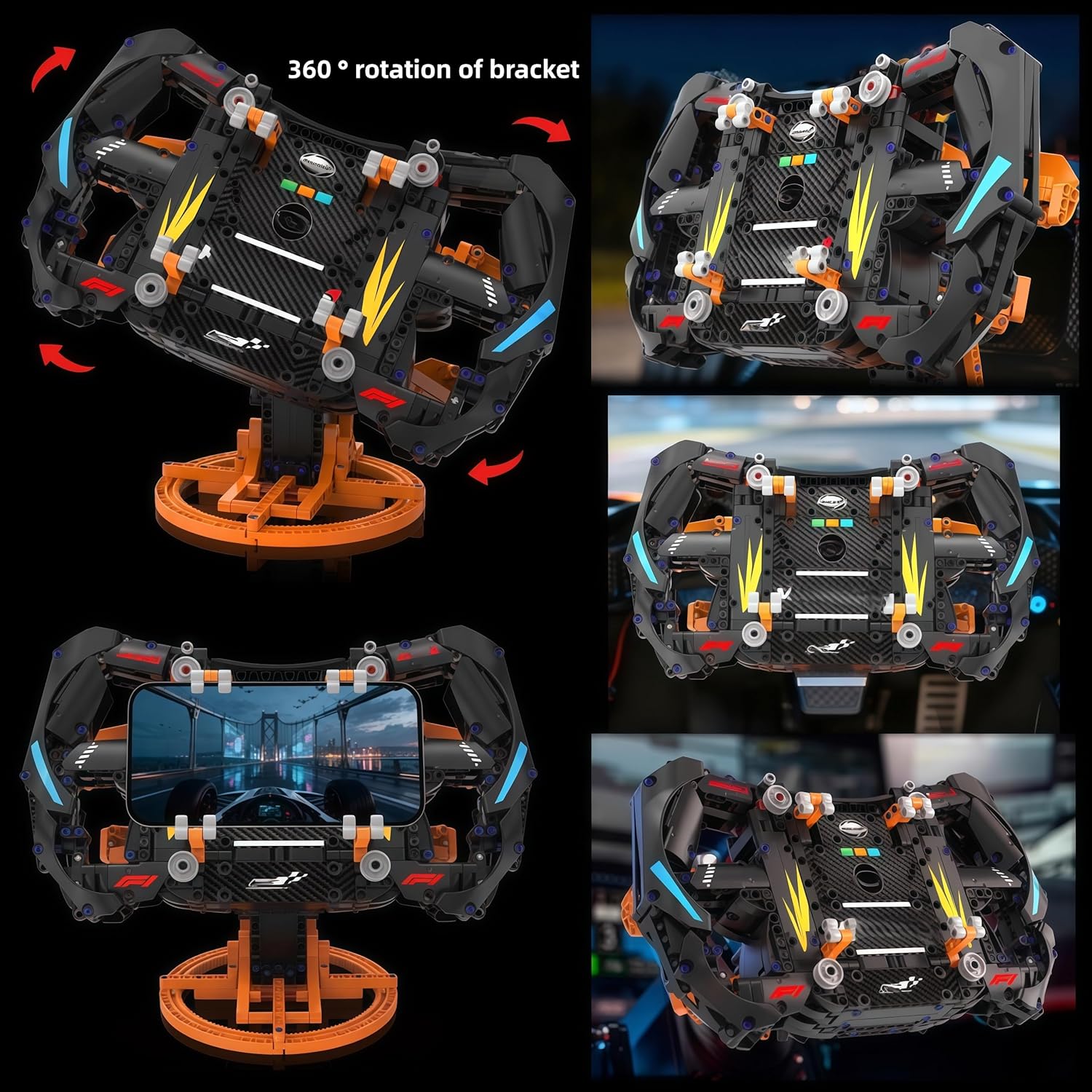 Racing Simulator Steering Wheel Building Set, Formula Driving Racing Cars Wheel Toy with Moving Parts and 360 ° Rotating Bracket Compatible with Lego Car Sets, Home Office Decor Gifts for Adults