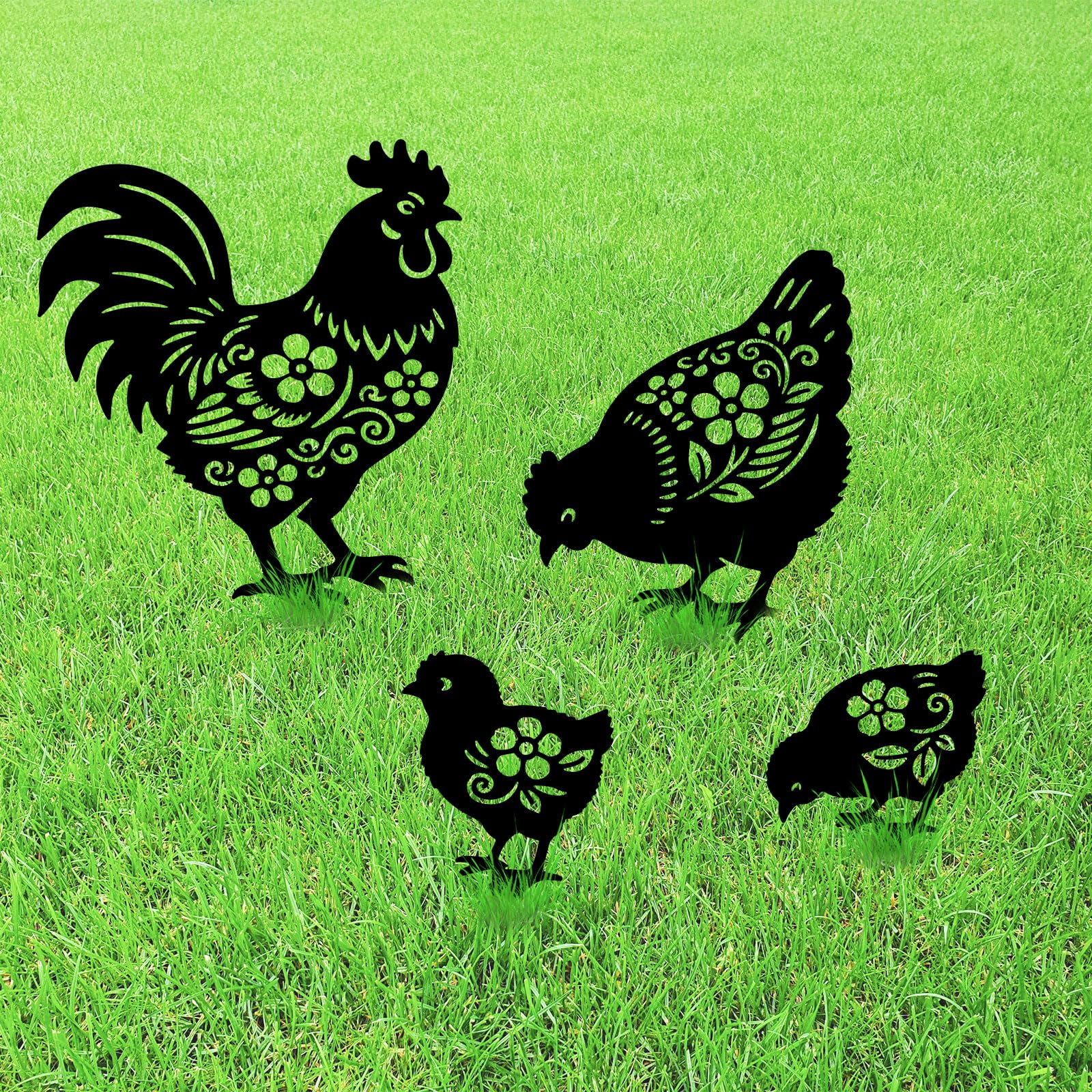 GLOBLELAND 4 Pcs Pattern Chicken Garden Stakes Animals Metal Decorative Garden Stakes Metal Yard Signs Decoration for Lawn Patio Yard Garden Decor — image 1