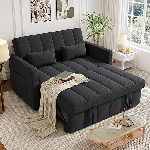 Sleeper Sofa Bed,3-in-1 Convertible Pull Out Couch with Adjustable Backrest for Living Room,Loveseat Sofa Bed with Side Pockets,Easy Assembly,Dark Gray,1 PCS