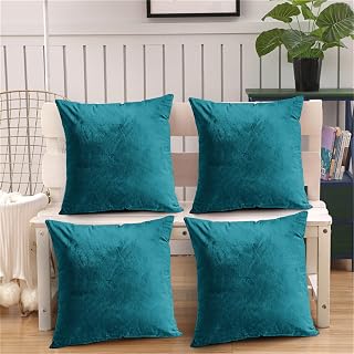 Oxford Homeware Teal Cushion Covers 45cm x 45cm (Pack of 4) Cushions with Covers Included – Decorative Velvet Cushions for Living Room Sofa Bedroom with Invisible Zipper, 18 x 18 Inches