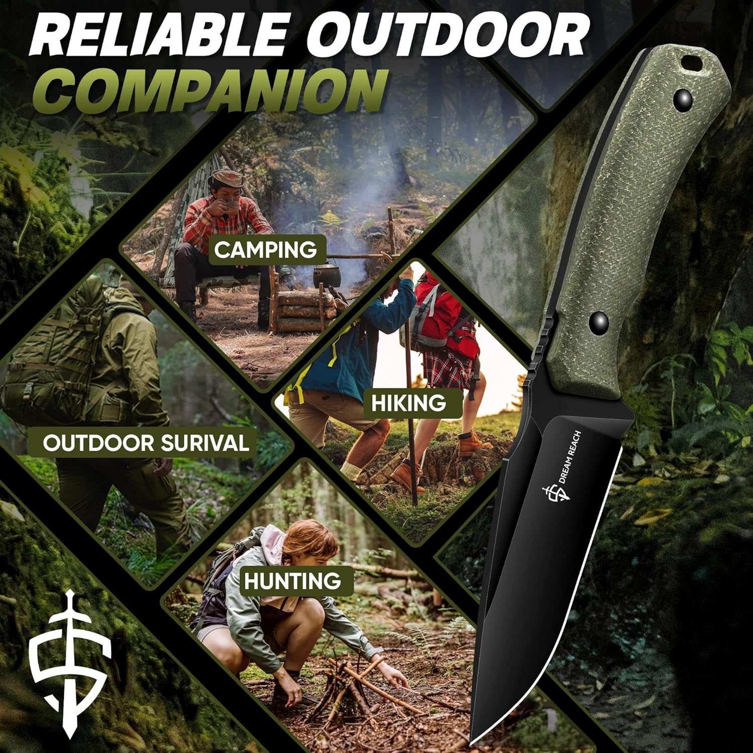 Dream Reach Fixed Blade Knife - D2 Steel Tactical Knife with Ergonomic Full Tang Handle and Kydex Sheath for Outdoor Camping Survival Gift for Men Women Green