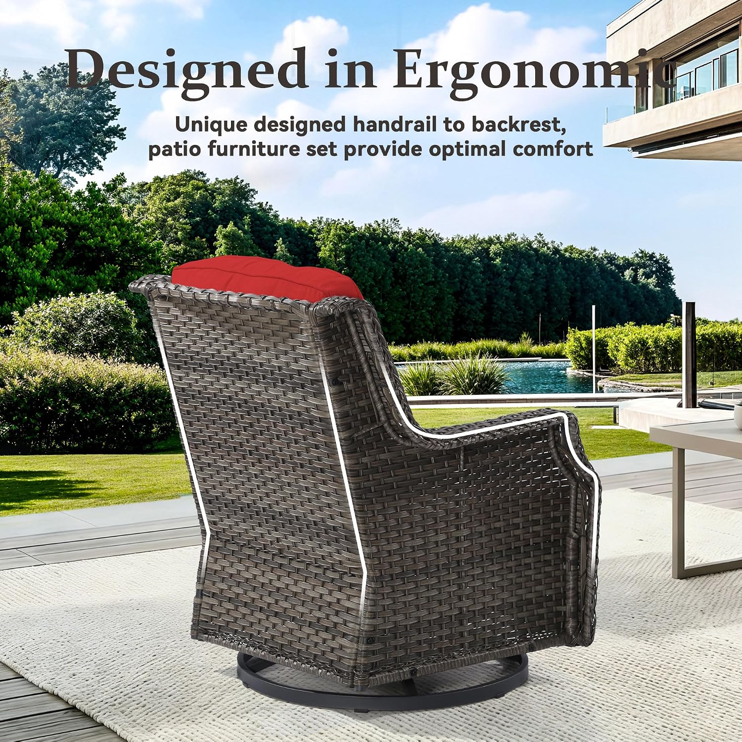 Outdoor Wicker Chairs Set of 2, Patio Swivel Rattan Chair with Wide Armrest and Thick Cushions, Ideal for Backyard, Garden, Poolside, Red