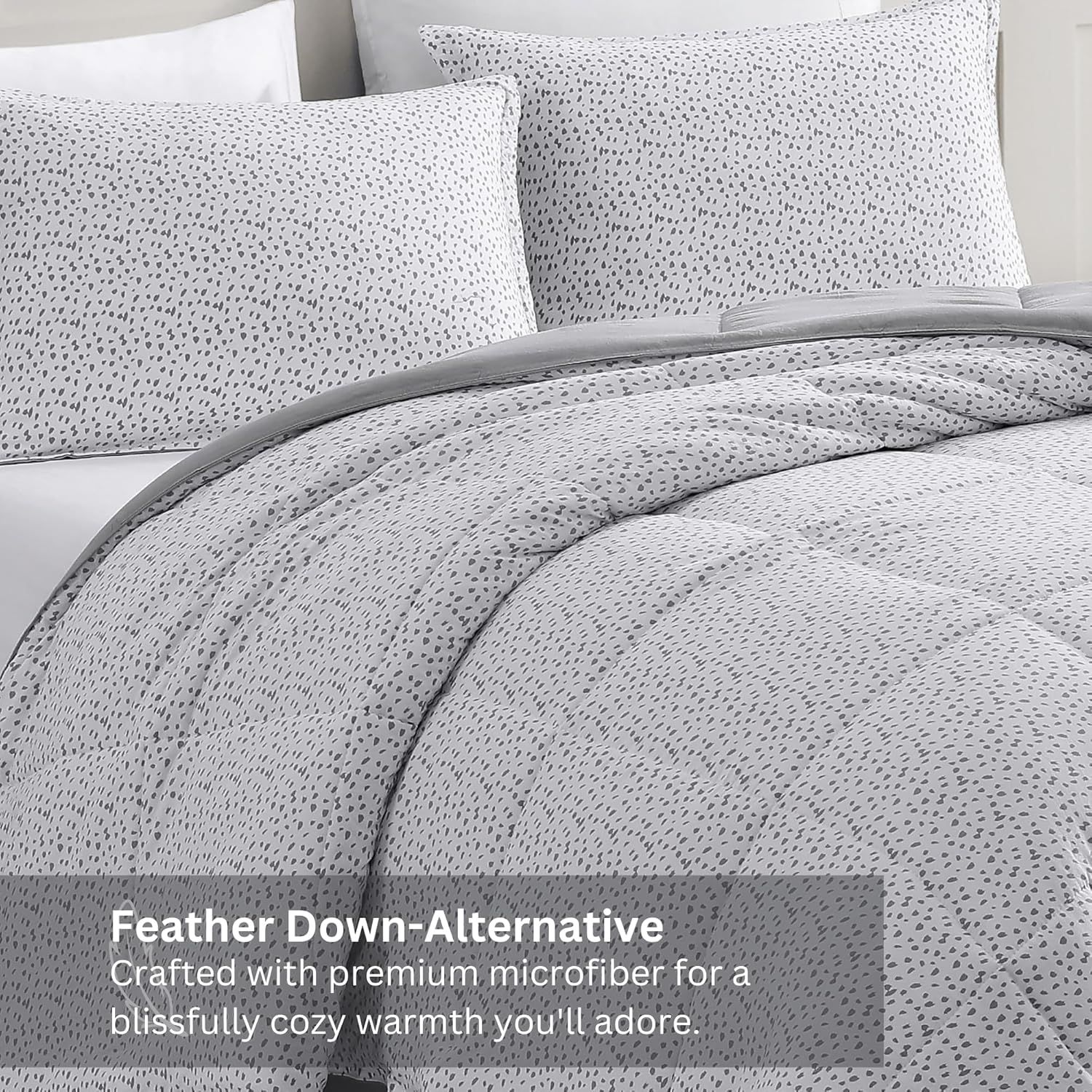 Casa Platino Pre-Washed Comforter Set - King Size Duvet Insert, Hydro-Brushed Microfiber Comforter & 2 Pillow Shams - White Base Grey Dot