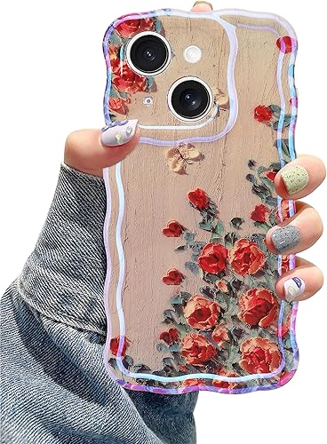 Jusy Compatible con iPhone 14 Plus/15 Plus, colorida pintura al óleo retro impresa con flores con patrón brillante láser linda funda de teléfono de