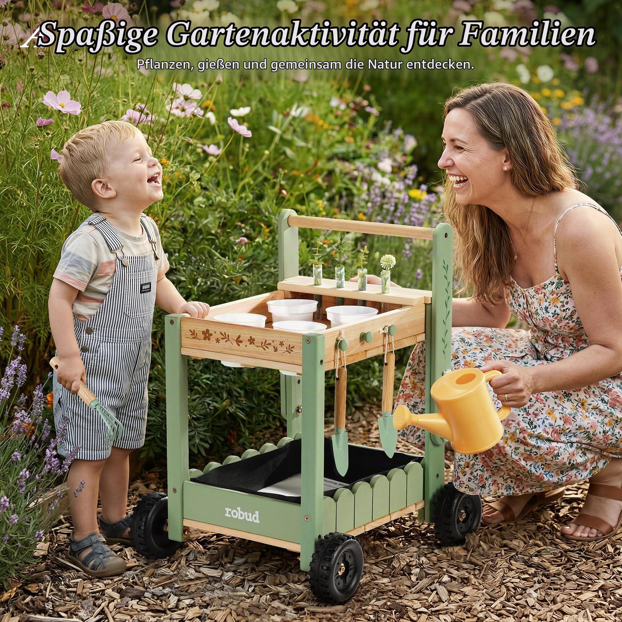 ROBUD Kinder Gartengeräte mit Holzwagen, Gartenwerkzeug mit Gießkanne, Schaufel, Handrechen, Pflanztöpfen und Hydroponik-Röhren, Pädagogisches Gartenset für Jungen Mädchen ab 3 Jahren, Grün