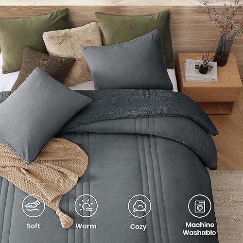 Miniatura 4 de Monbix Juego de edredón mullido tamaño King  Edredón de sherpa acogedor de 3 piezas tamaño King, juego de ropa de cama de forro polar cálido para