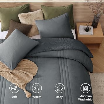 Monbix Fluffy Full Comforter Set Blue Grey, Sherpa Plush Fuzzy Comforter 3 Piece for Full Size Bed, Luxury Soft Winter Warm Bedding Set