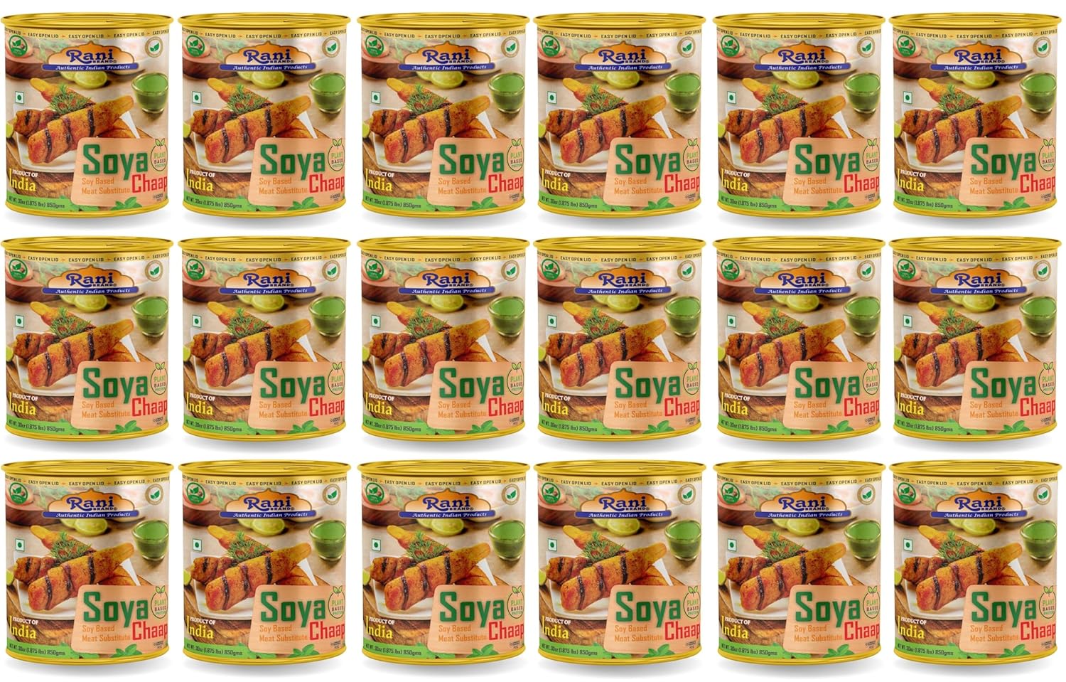 Rani Soya Chaap (Plant Based Protein) 30oz (1.875lbs) 850g, Pack of 18 ~ Easy Open Lid | All Natural | Vegan | No Colors | NON-GMO | Kosher | Indian Origin | Soy Based Meat Substitute