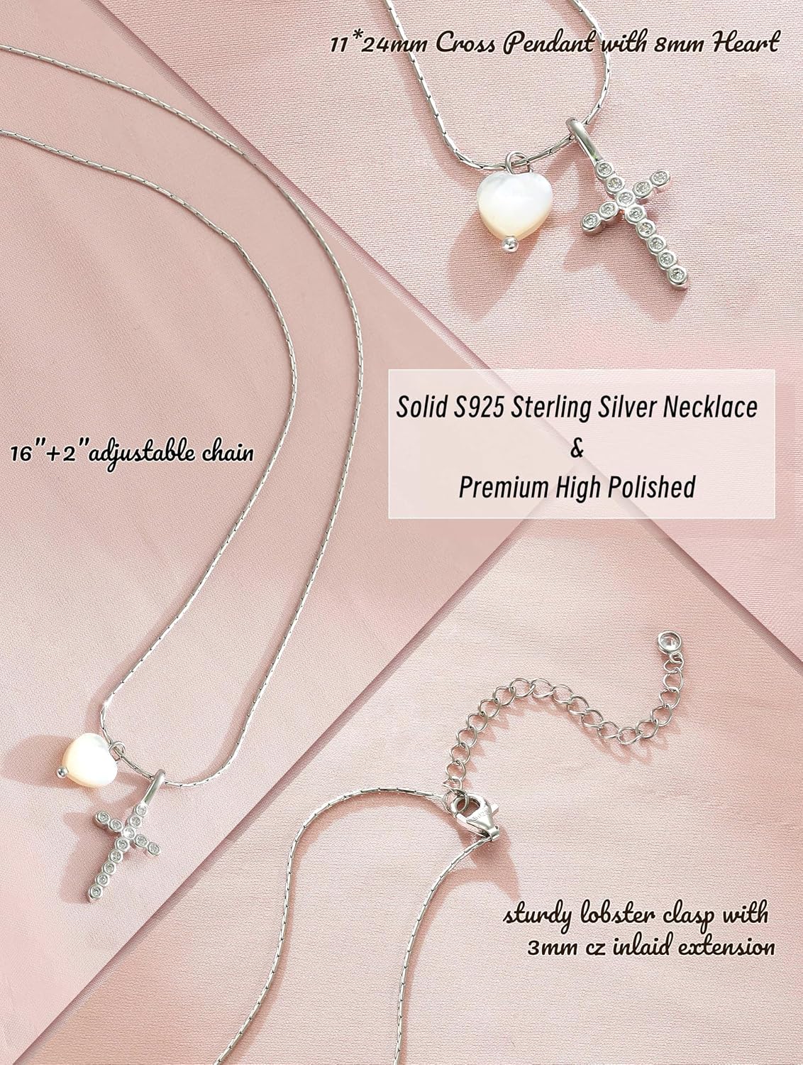 S925 Sterling Silver Cross Necklace for Girls, Baptism First Communion Confirmation Gifts, Pearl Heart Pendant Necklaces, Back to School Graduation Easter Birthday Faith Gift Age: Over 8 Years Old