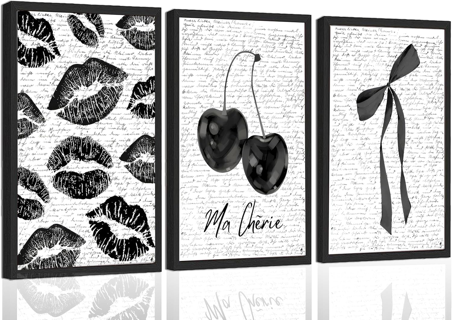3Pcs Vintage Funky Black White Lips And Cherry Canvas Wall Art Girl Fashion Aesthetic Bow Wall Decor Ma Cherie Dark Coquette Posters Prints for Neutral Preppy Apartment Girl Room12x16in framed
