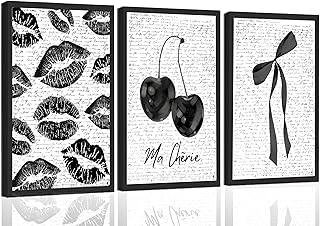3Pcs Fashion Black White Lips And Cherry Canvas Wall Art Vintage Girl Funky Aesthetic Bow Wall Decor Ma Cherie Dark Coquette Posters Prints for Neutral Preppy Apartment Girl Room12x16in Unframed (poster, 12x16inx3pcs)