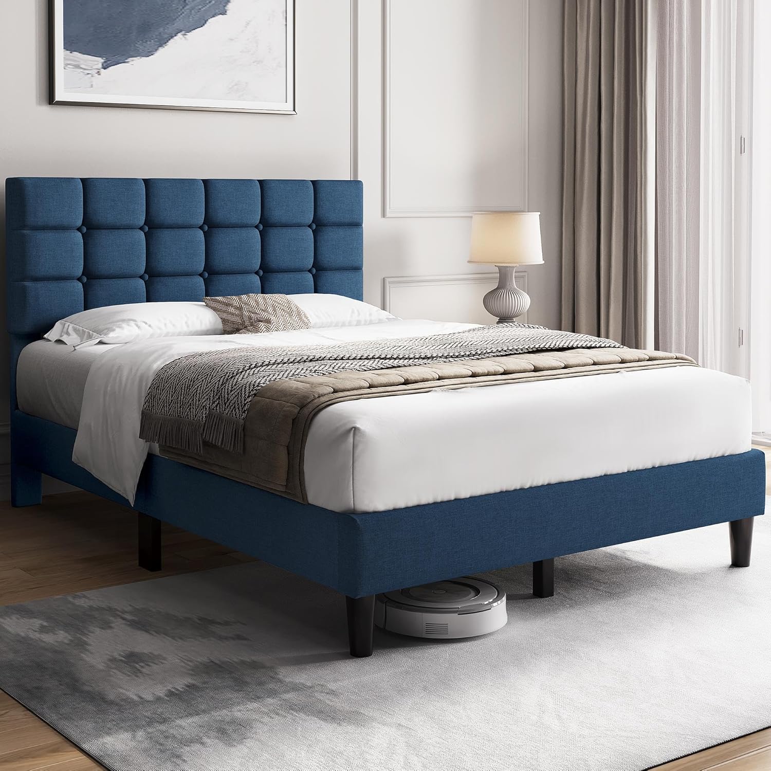 Yaheetech Upholstered Bed Frame, Modern Full Bed Platform with Square Stitched&Button Tufting Headboard Height Adjustable, Wooden Slats Support, No Box Spring Needed, Full Size, Navy Blue