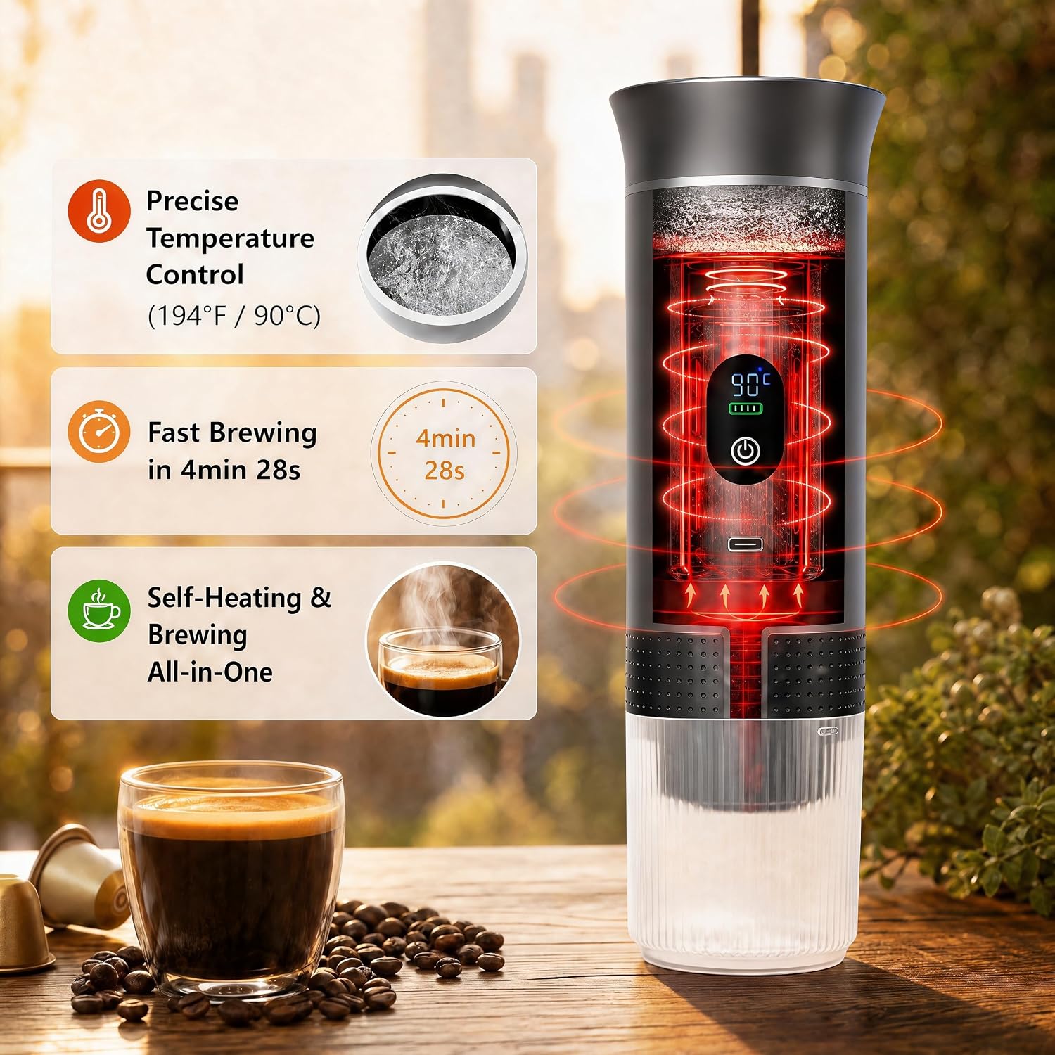 Single Serve Coffee Maker, Self-Heating 4 Cups per Charge,Portable Coffee Maker For Travel & RV,Portable Espresso Maker With USB-C Works With Capsules & Grounds