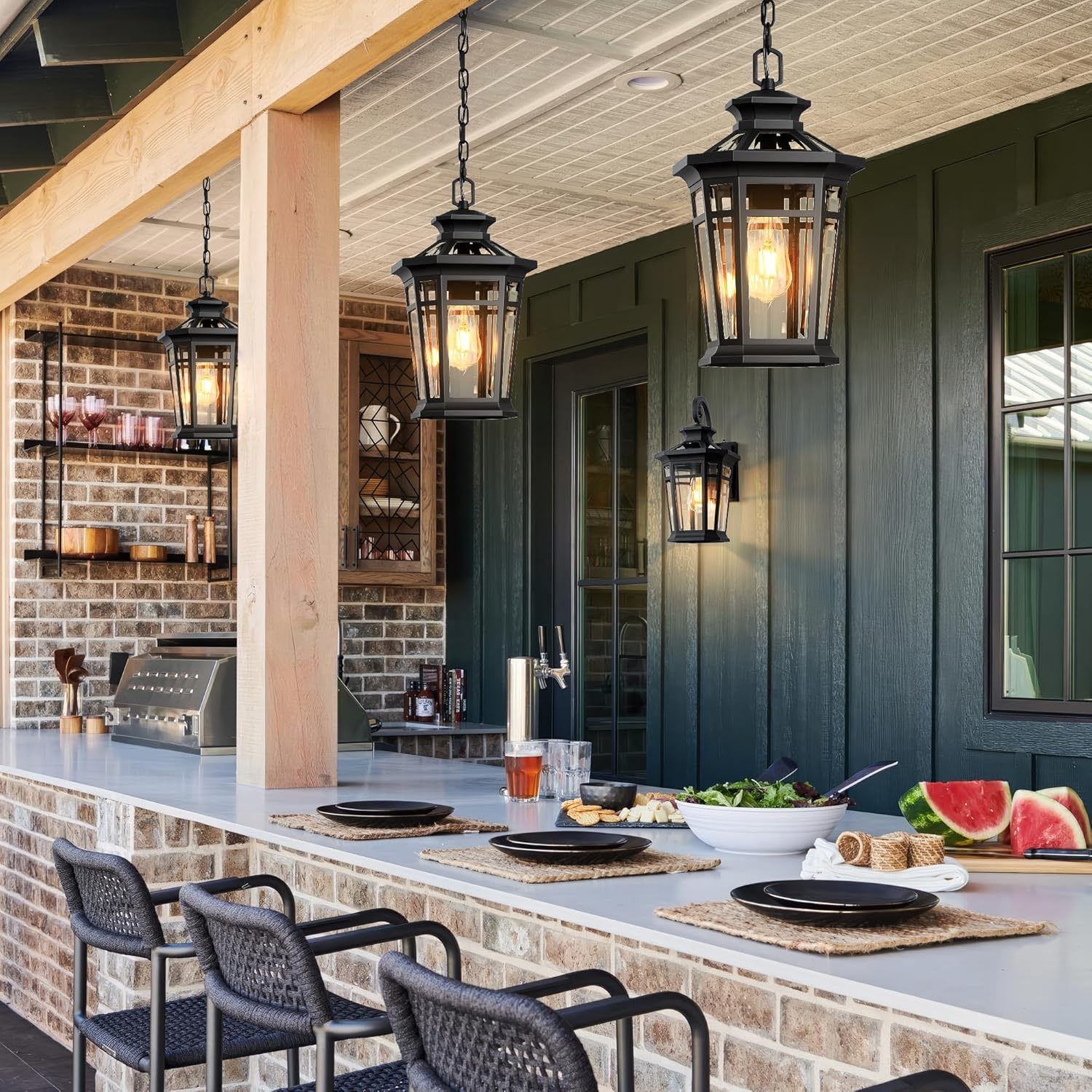 Large 9''×16'' Black Exterior Lighting Fixture with Beveled Glass, 1-Pack Outdoor Hanging Pendant Light with Adjustable Chain, 1-Pack Dusk to Dawn Outdoor Porch Light, Exterior Wall Lantern