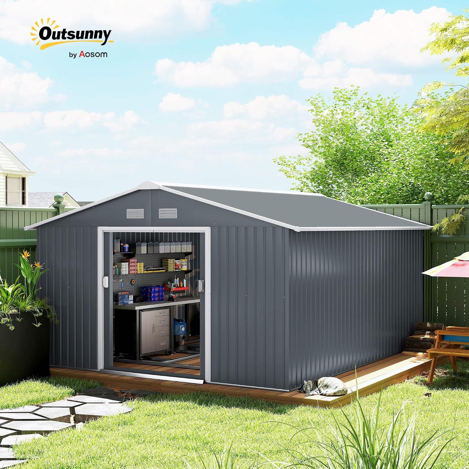 Outsunny shed in a garden setting with tools inside