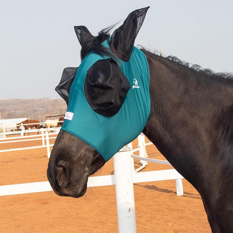 Máscara contra moscas para cavalos horzmetnex elástica com abertura para crina e ampla área dos olhos, Forest Green, Cob (Medium)