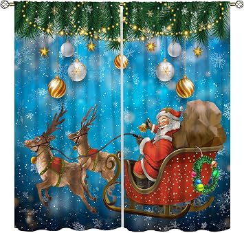 Christmas Curtains,Funny Anta Claus Riding a Sleigh Delivering Presents,Christmas Tree Branches Colorful Balls Blue Abstract Winter Print Rod Pocket Drapes for Bedroom Party Decor 36x63in,2 Panel Set