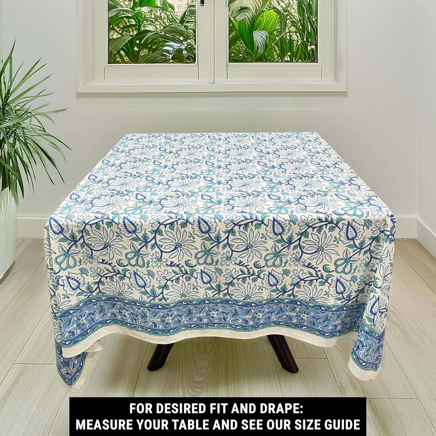 India Arts Hand Block Print Tablecloth 72x72 Square, 100% Cotton Blue Green Floral Table Cloth for Kitchen Dining Linen, Weddings, Holiday Party, Restaurant, Spring/Summer/Fall Home Decor - Image 3