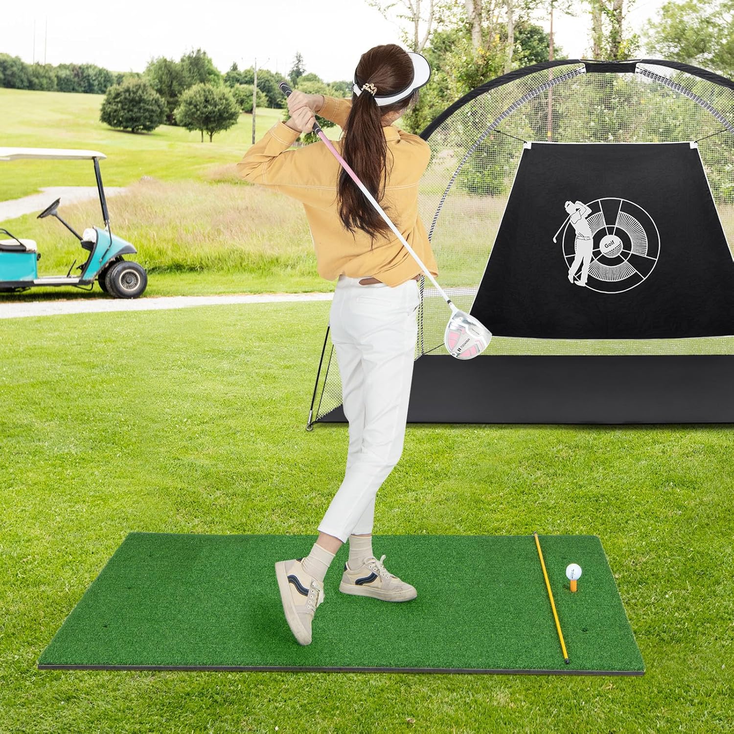 Tangkula Golf Hitting Mat, Artificial Turf Mat for Indoor/Outdoor Golf Practice Includes 2 Rubber Tees & 2 Alignment Sticks, Golf Training Mat for Home Backyard Garage