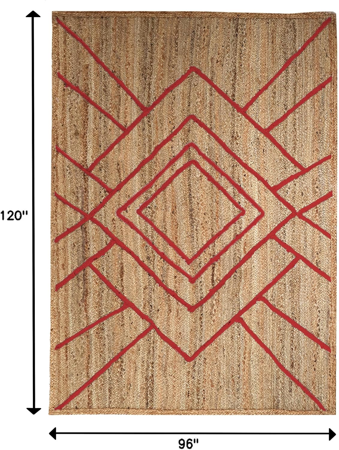 Hand Braided Jute 12x15 Kilim Flatweave Rug Thick 0.27" Red Geometric Diamond Pattern Rugs for Living Room Bedroom Dining Table Decorative Floor Home Decor Carpet