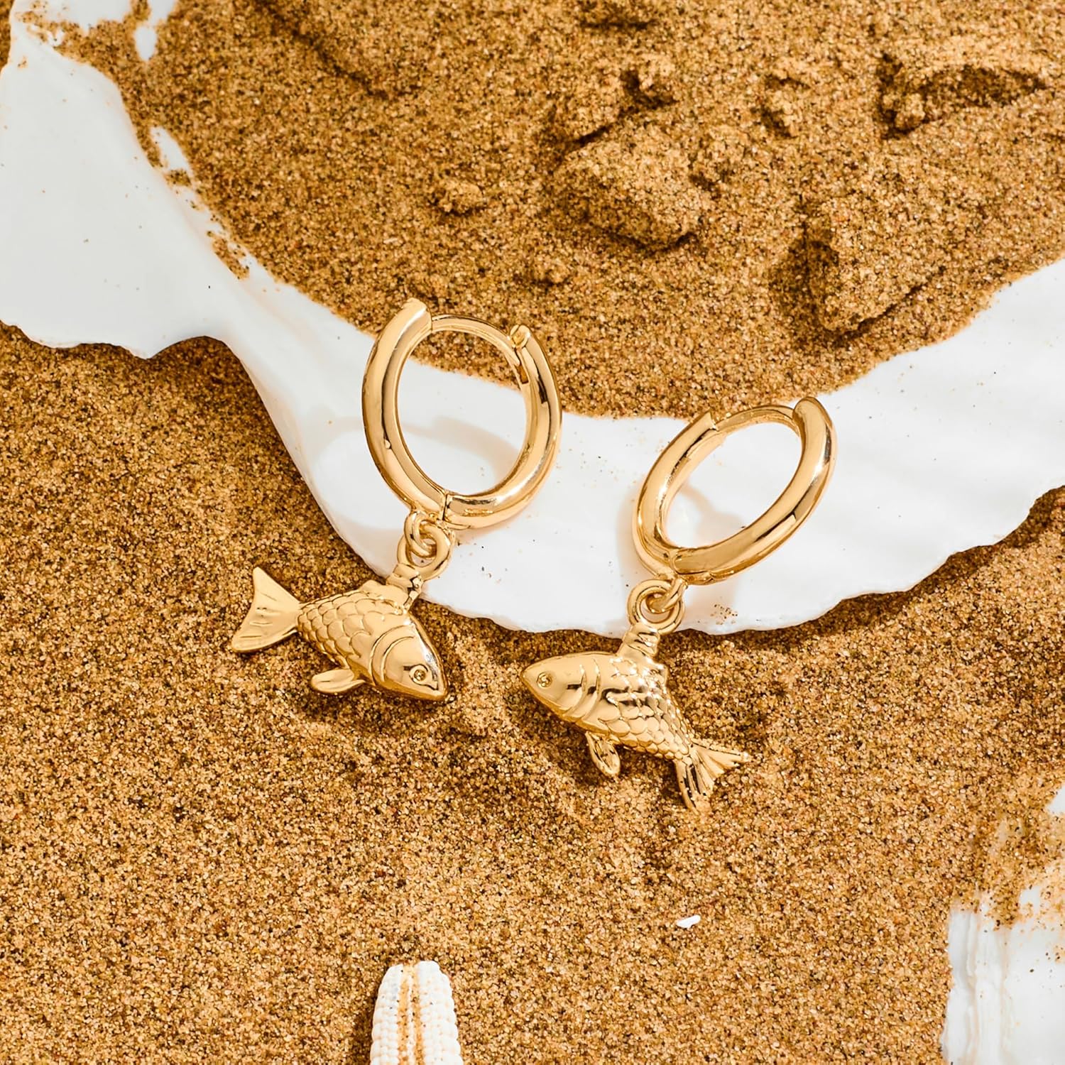 Gold Fish Dangle Earrings for Women, Fun Ocean-Inspired Hoop and Drop Styles for Summer Beach Look - Image 2
