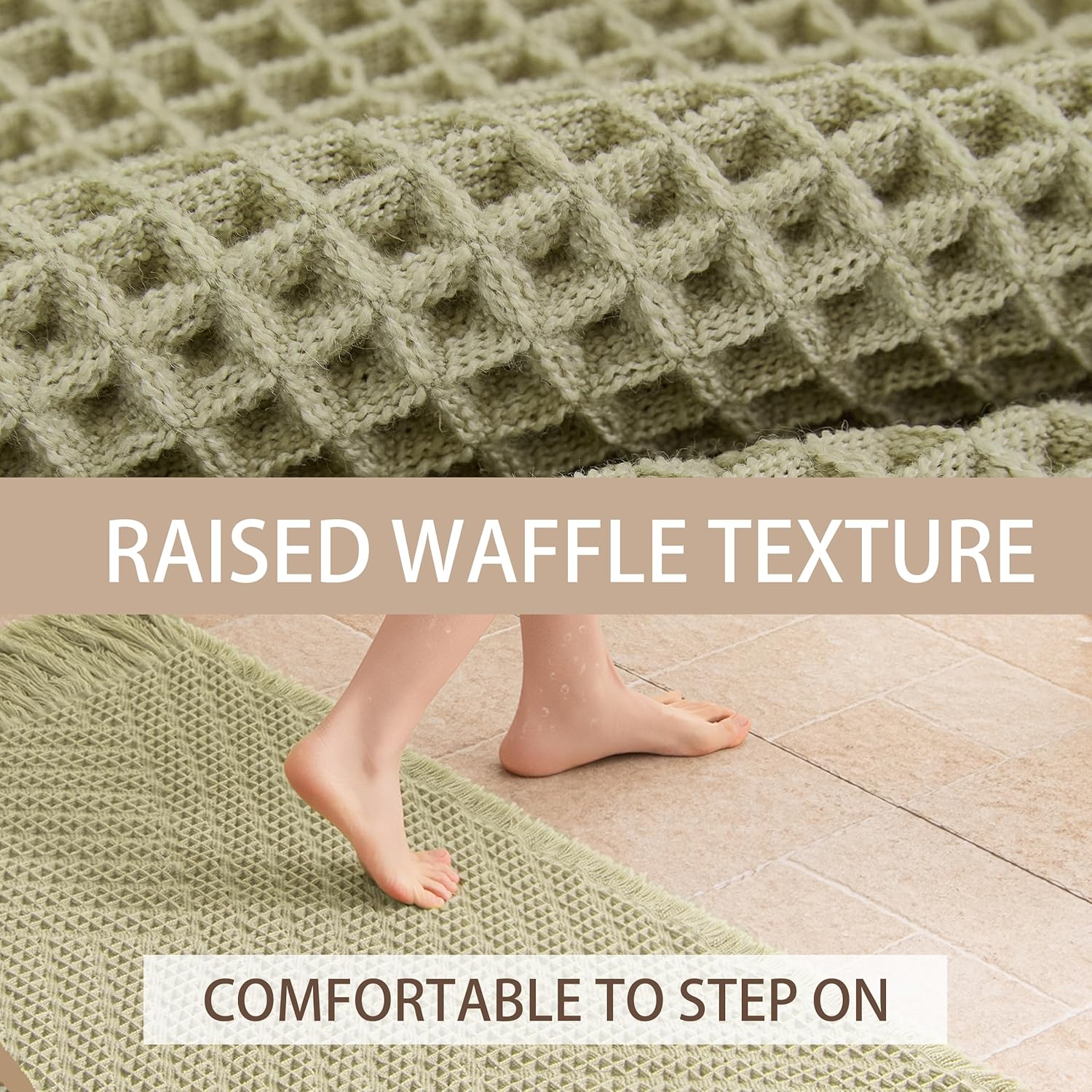 Waffle Bath Mat Non Slip, Boho Bathroom Rug, Super Absorbent Quick Dry Bathroom Mat, Soft Farmhouse Bath Rug with Tassels, Small Washable Shower Mats for Floor 24"x36", Tassels Sage Green