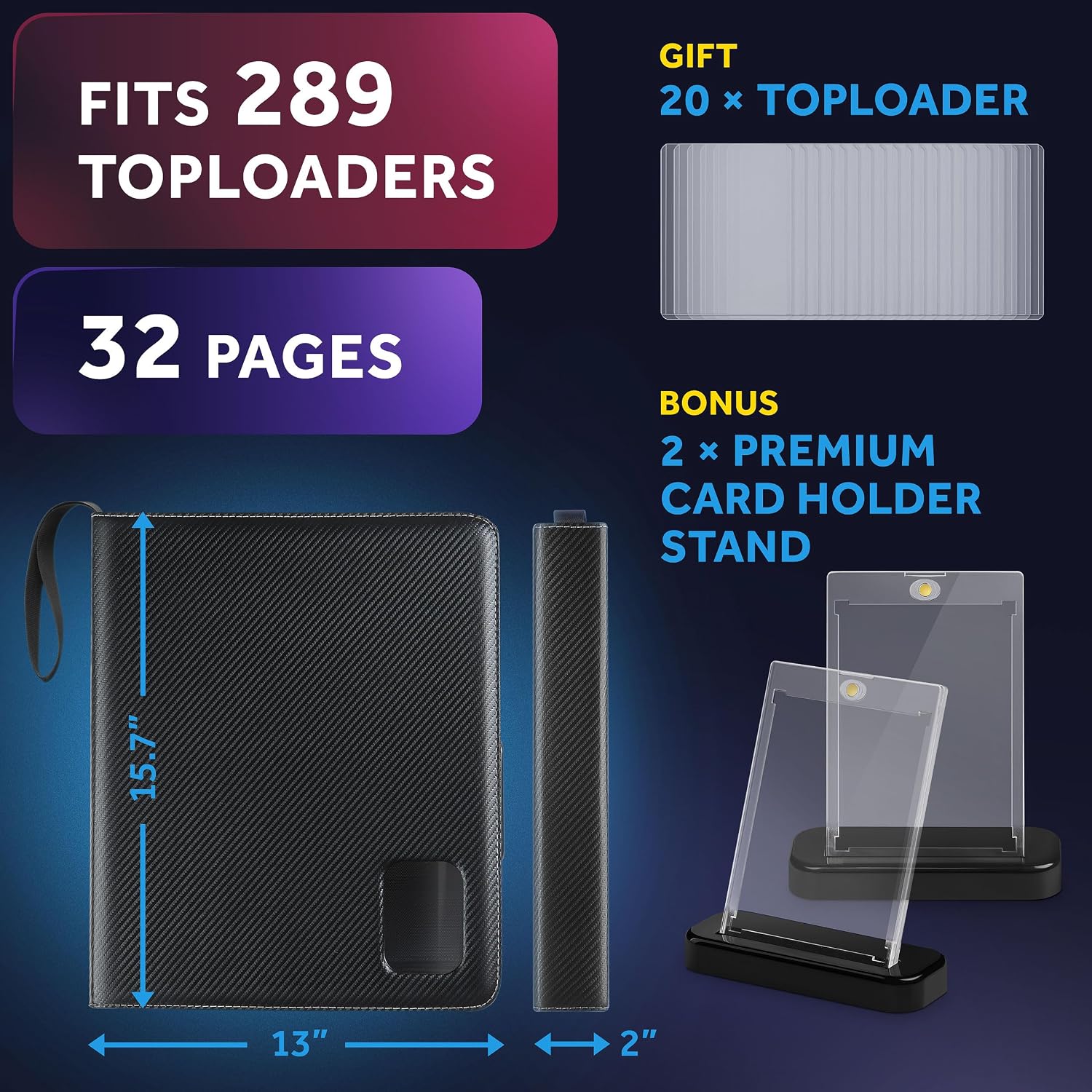 Top Loader Binder 289 Cards I with 20 Toploaders and 2 Stands I Black Carbon PU Toploader Binder holds 3x4 inch Baseball, Football, Sports, Pokemon, TCG, MTG Cards I Card Binder Top Loader
