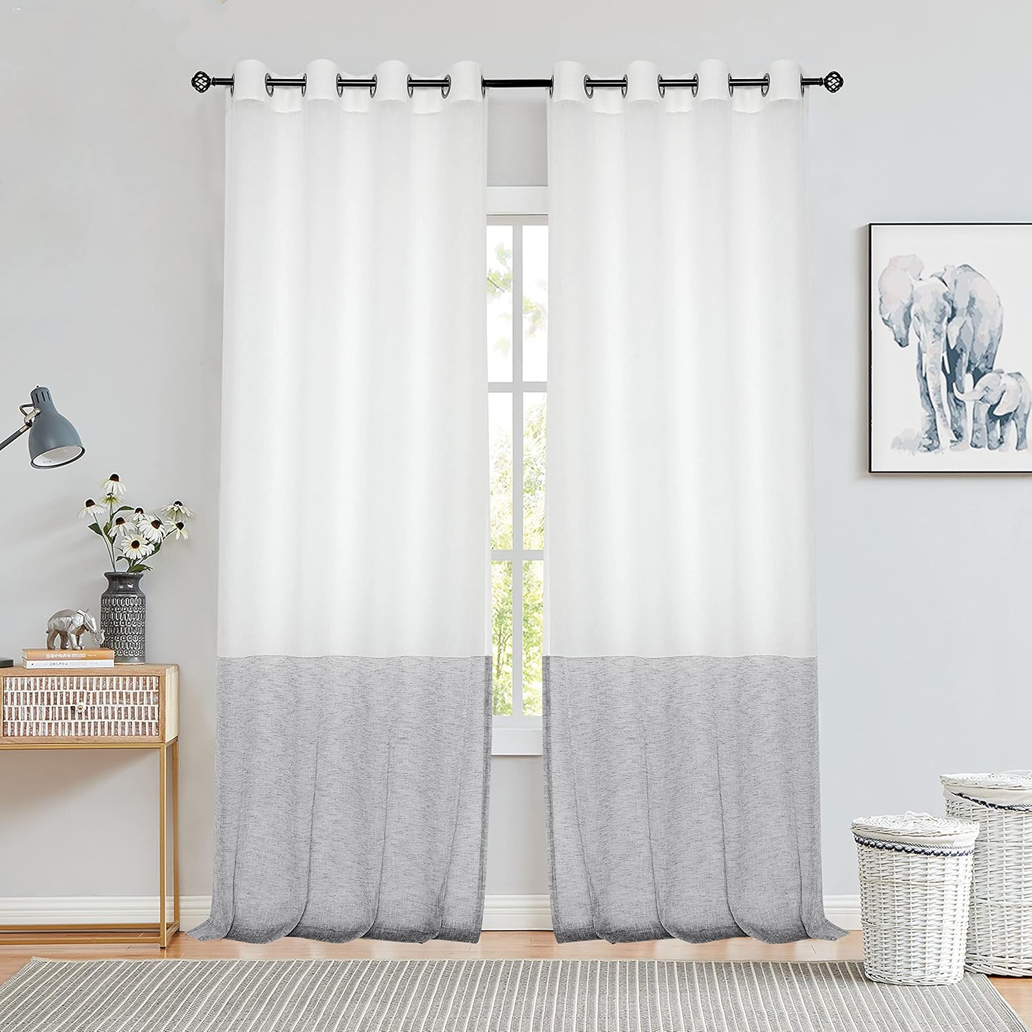 Central Park Stripe Sheer Gray and White Color Block Curtain Panel 95 Inches Long Grommet Top, Linen Rustic Drape Window Treatment for Bedroom Living Room Farmhouse, 2 Panels, 52W×95L