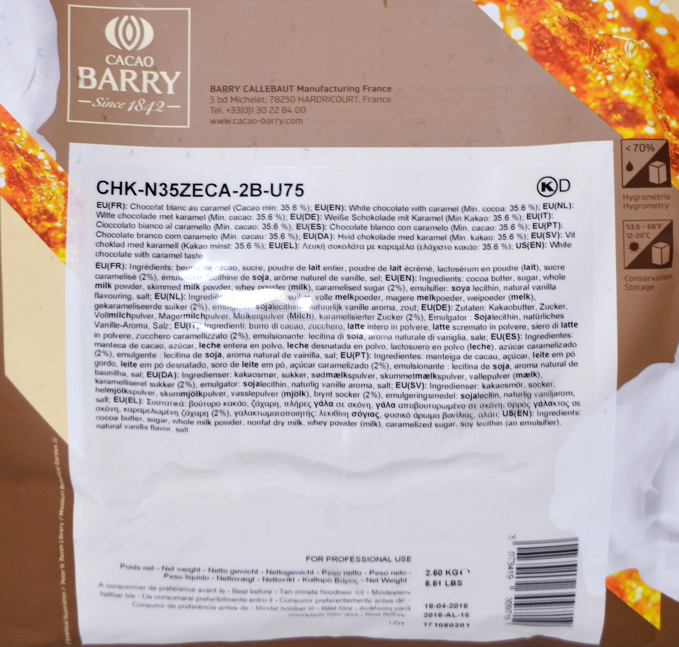 Cacao Barry 35% Zéphyr Caramel - Cioccolato Bianco al Caramello di Copertura (pistoles) 2,5kg