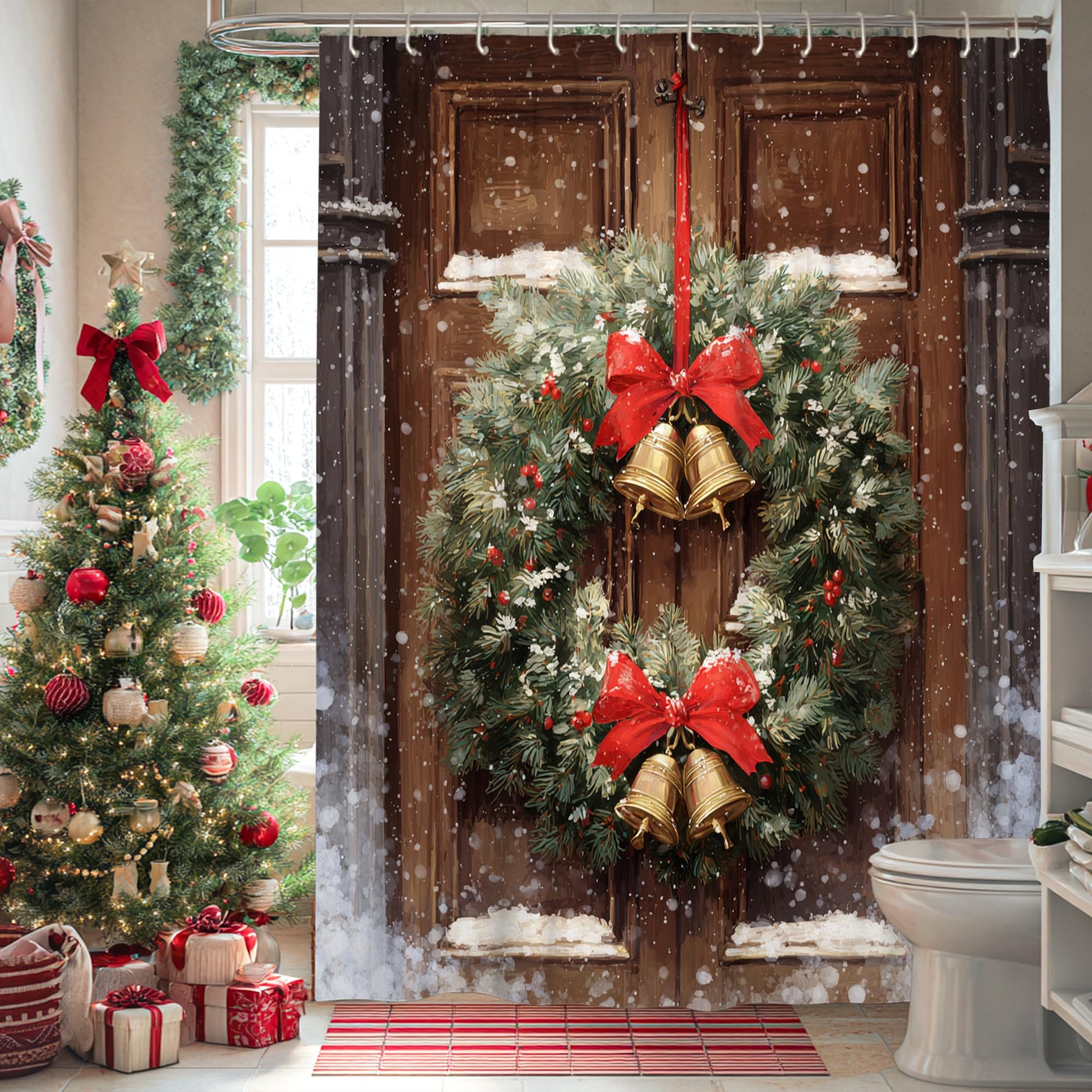 Rideau de douche couronne de Noël en tissu imperméable avec motif cloches rustiques
