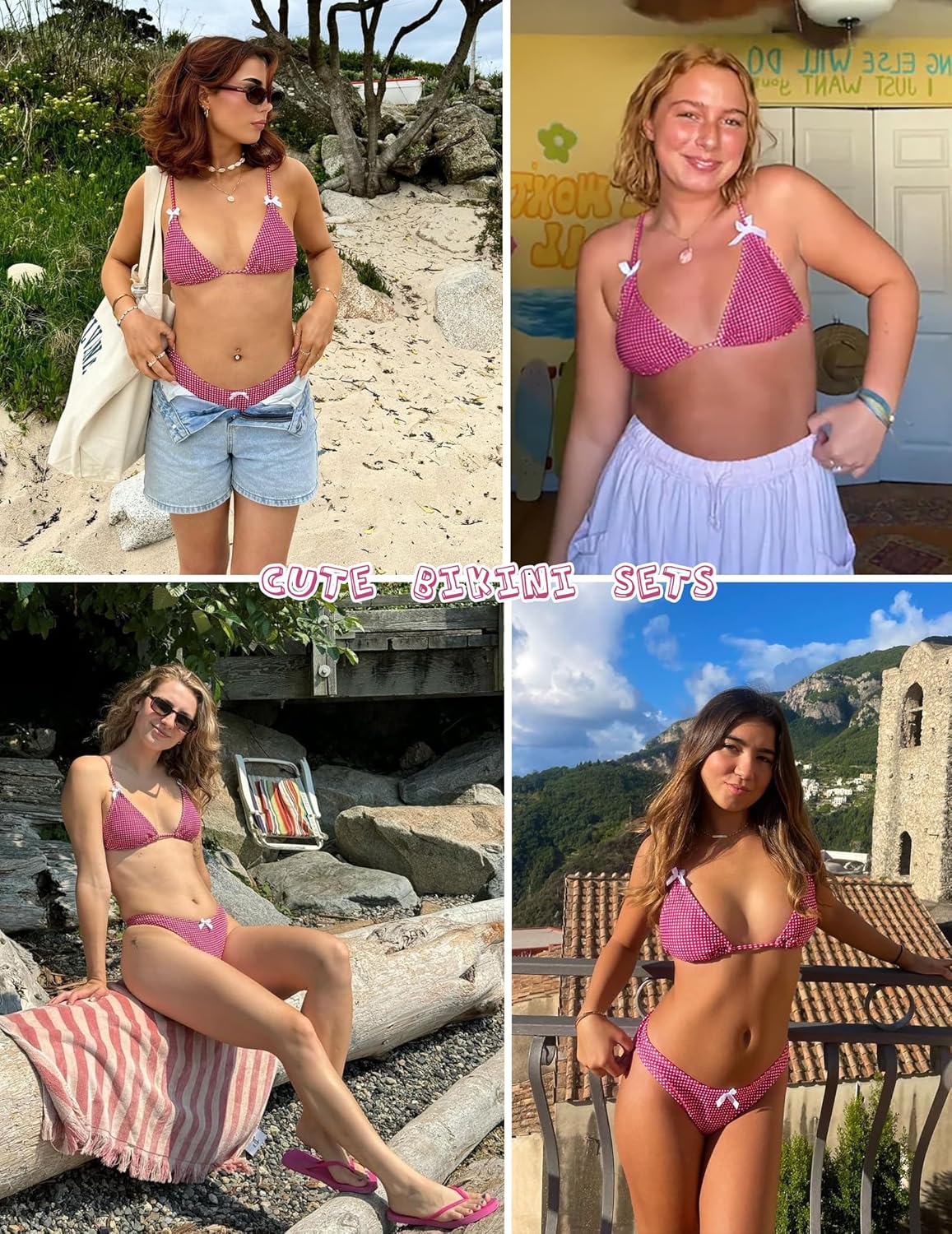 seamoly Women's Bikini Sets Tie Back Bowknot Two Piece Swimsuits Triangle Thong Bathing Suit Gingham Floral Cherry Printing - Image 6