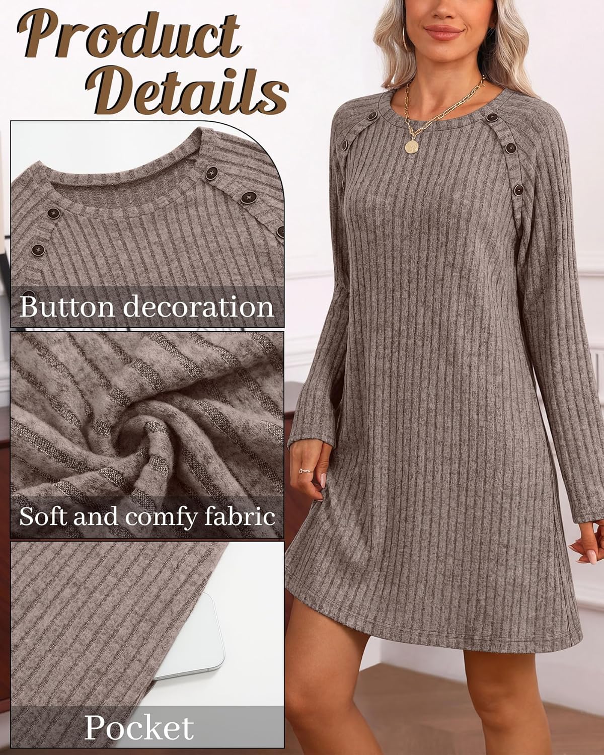 Women's Long Sleeve Loose Sweater Dress Crew Neck Knit Dress with Pocket Ribbed Button Side Fall Casual Tunic Top - Image 4