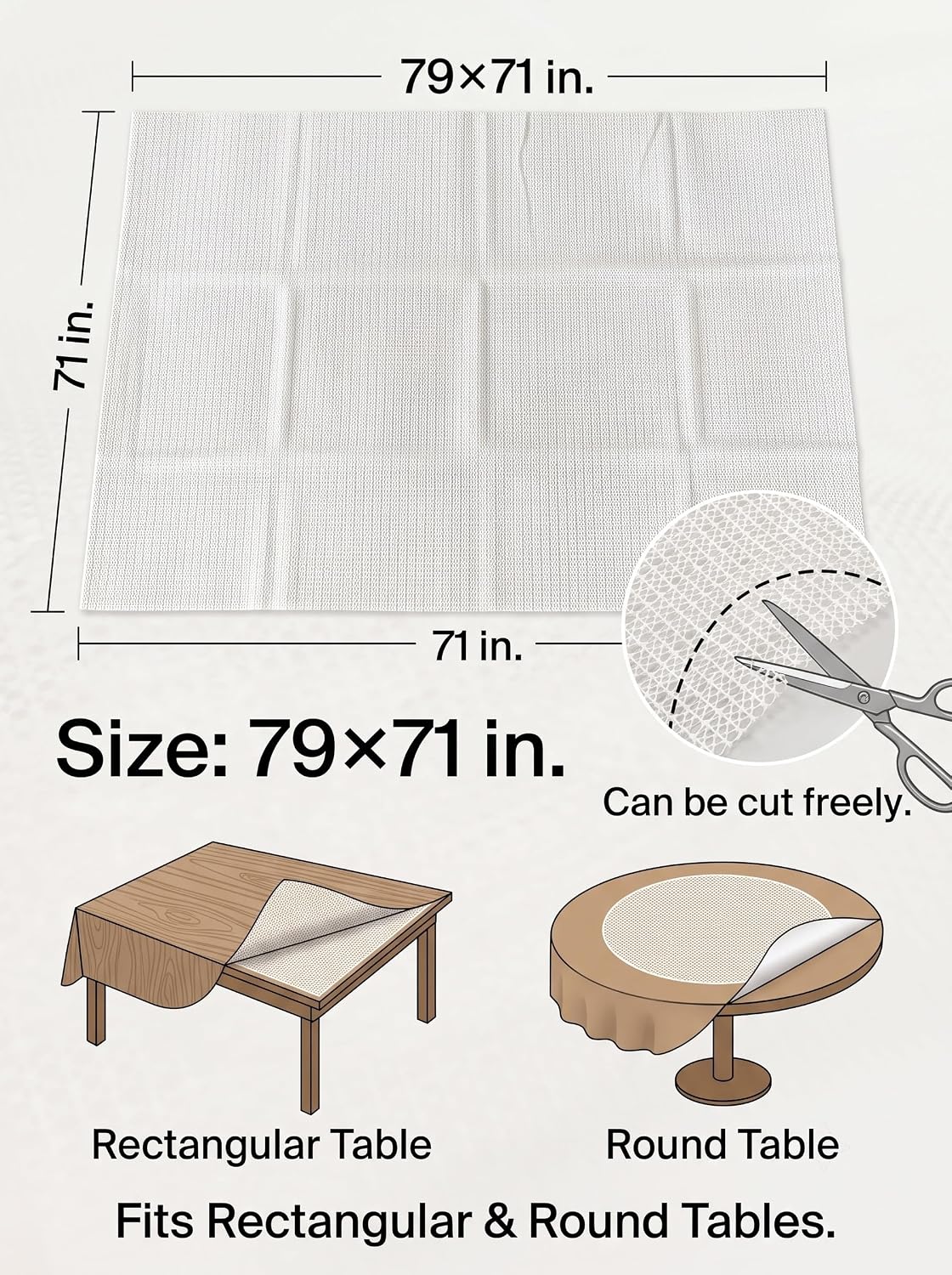 Non Slip Tablecloth Underlay 79x71 in - Upgraded PVC Table Padding Under Tablecloth, Cut to Size Anti Slip Table Mat & Padded Tablecloth Cover for Dining Table, Rugs, Shelf & Drawer Liner