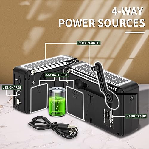 Miniatura 5 de Radio FM portátil y altavoz BT 5.0 2 en 1 con pantalla LCD, radio meteorológica de emergencia, batería USB recargable, linterna solar y manivela de