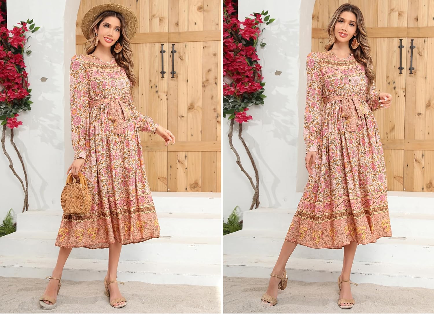 R.Vivimos Women's Long Sleeve Boho Floral Print Dress Crew Neck Button Down Casual Loose Slit Flowy Midi Dress with Belt - Image 5