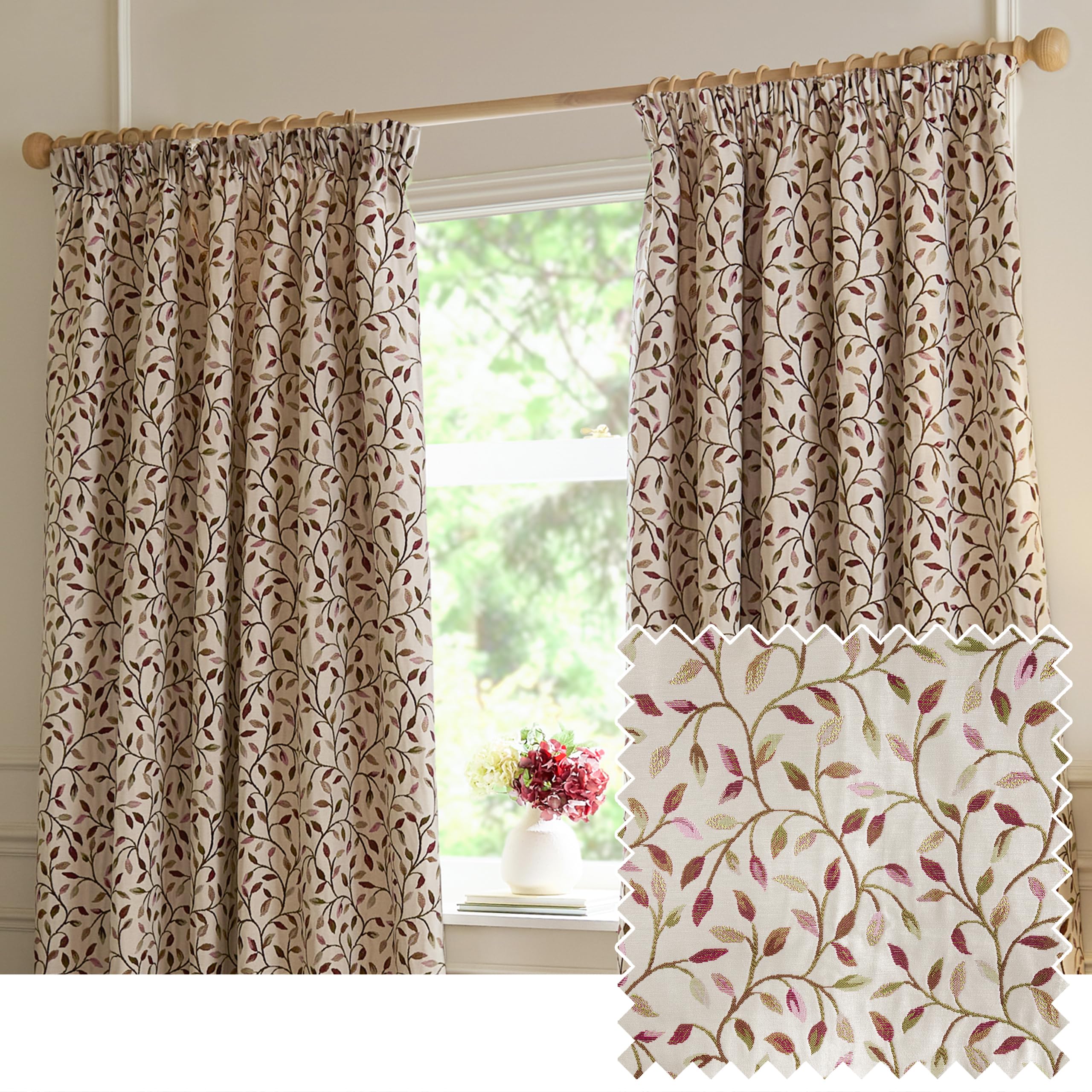 Voyage Maison Cervino Pencil Pleat Curtain Pair – Country Heritage Floral Leaf Woven Jacquard Lined Room Darkening Drapes (Damson - 168x183cm)