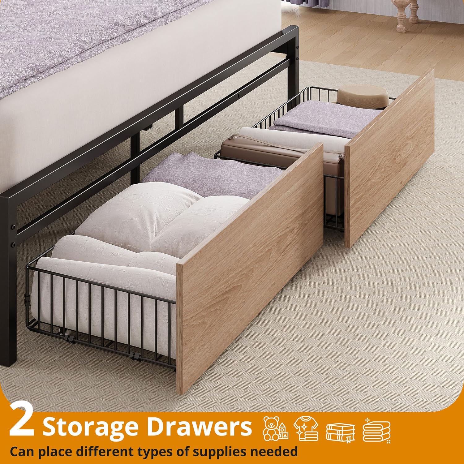 LIKIMIO Queen Size Bed Frame, Storage Headboard with Charging Station, Platform Bed with Drawers, No Box Spring Needed, Easy Assembly, Wood and Cream - Image 4