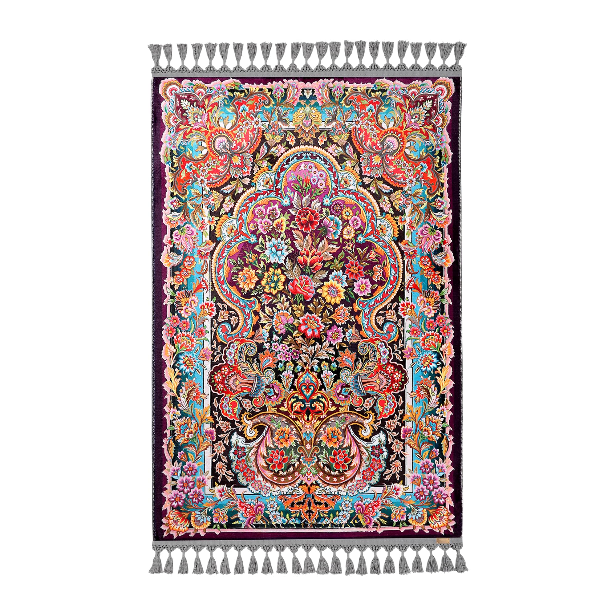 ALLMODE Tapis de prière turc - Motif floral - Motif traditionnel turc - Pompons gris - Multicolore