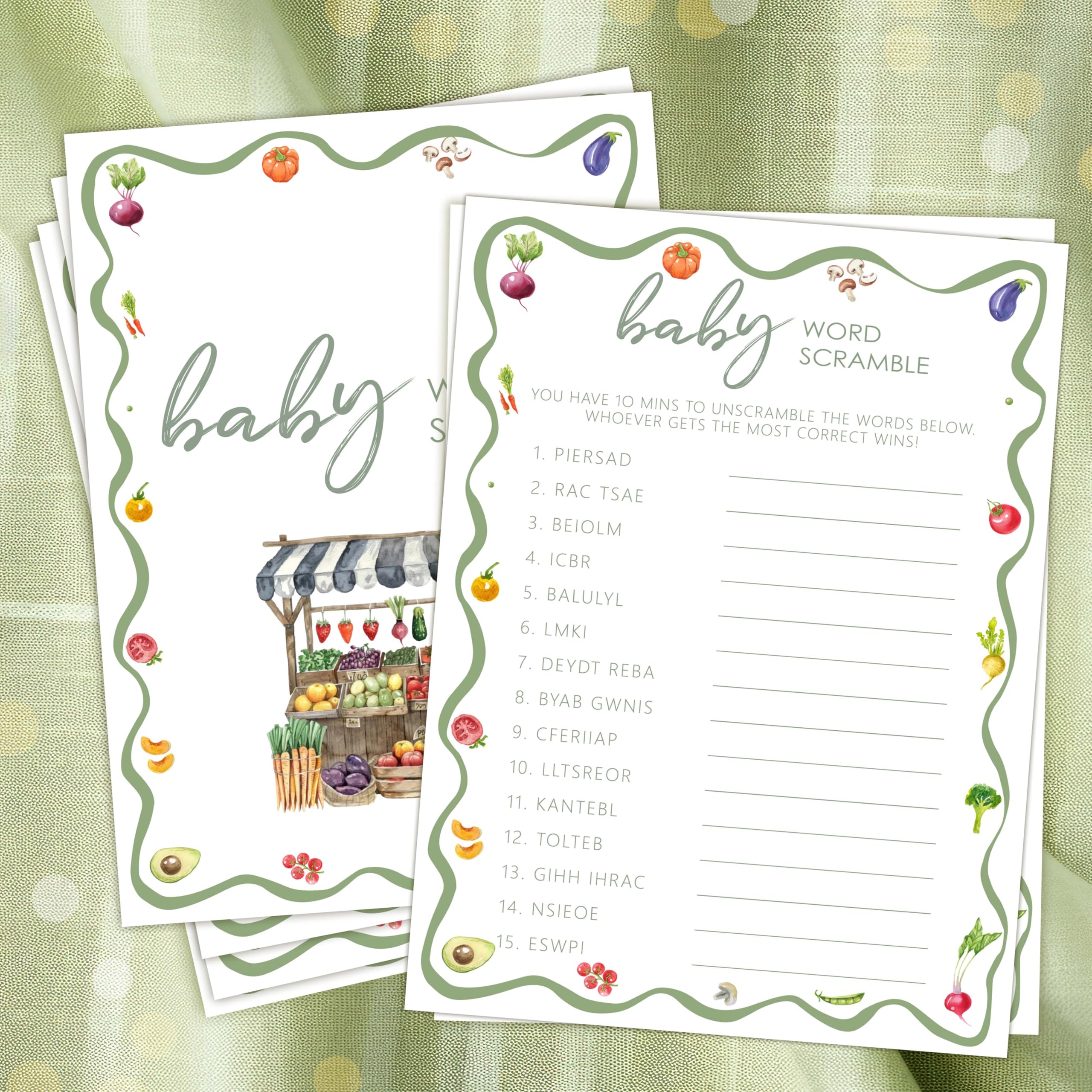HandEasy Locally Grown Baby Shower Game,Word Scramble Game Cards and Activities,Farmers Market Themed Party Decorations Supplies, 5”x7“ -25 Pcs -07