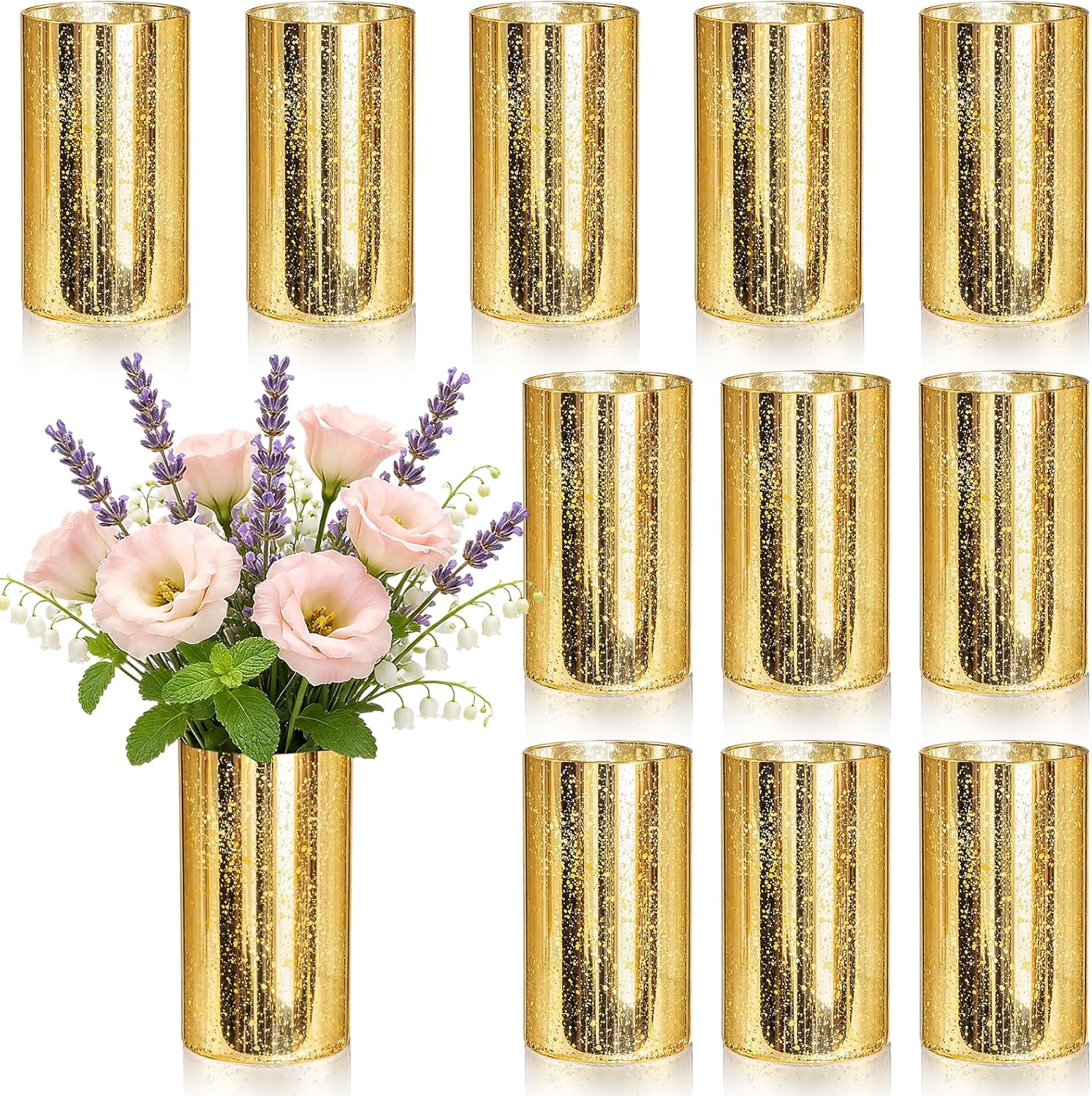 12 Pcs Gold Cylinder Vases for Centerpieces Mercury Vase Hurricane Vase Bulk Acrylic Round Wide Container for Flowers Home Office Wedding Table Decorations (6'')
