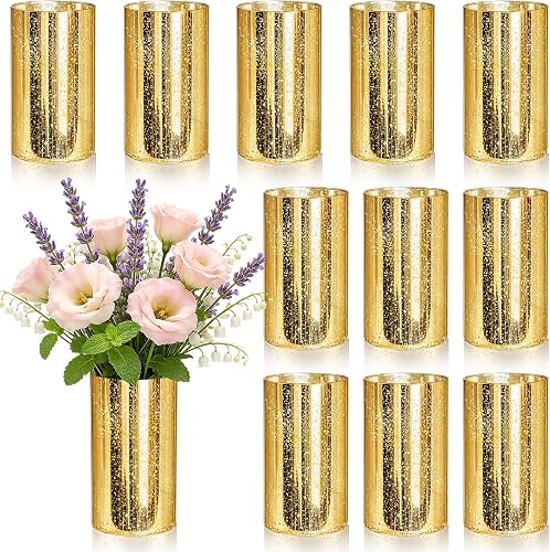 12 Pcs 6'' Gold Cylinder Vases for Centerpieces Mercury Vase Hurricane Vase Bulk Acrylic Round Wide Container for Flowers Home Office Wedding Table Decorations